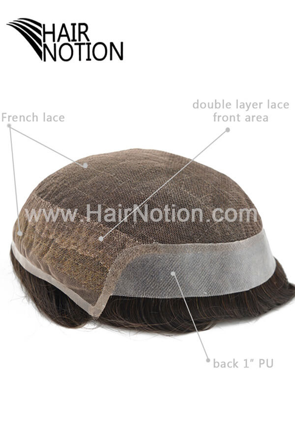 Hairnotion Herren Toupet Aus Echthaar – Französische Spitze Front, PU Basis, Farbe 1B (Naturschwarz), 8x10 Zoll