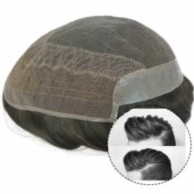 Q7-DE: Französisches Spitze mit 1" PU Toupet Für Männer #1B 7"X10"