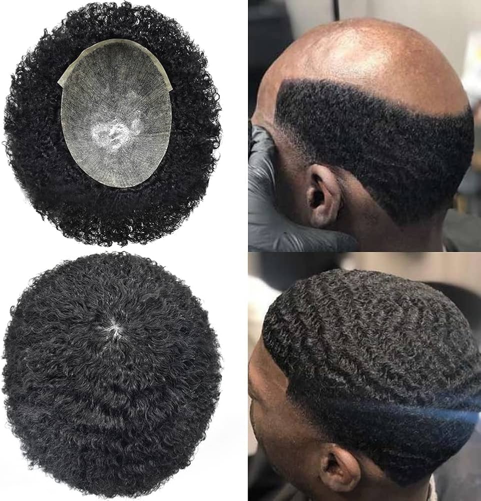 Afro-curl hair systems with installation reference photos — full lace and partial lace bases.